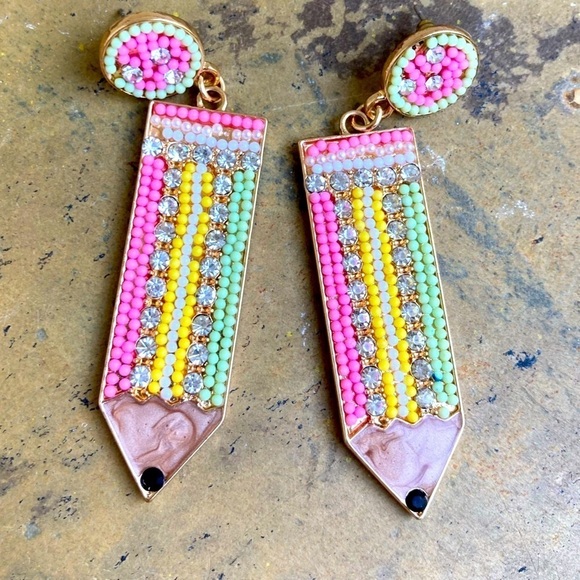 Pencil Drop Earrings Embellished Rhinestone - Picture 1 of 3